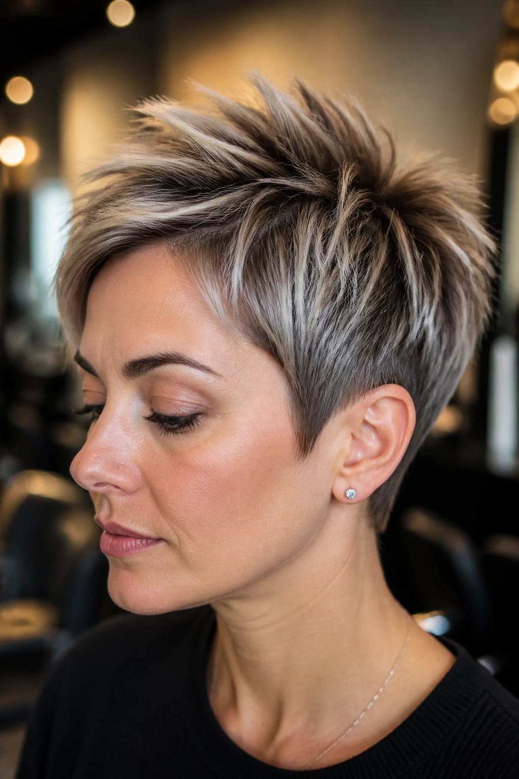 Close-up of a real person with a short ash pixie cut