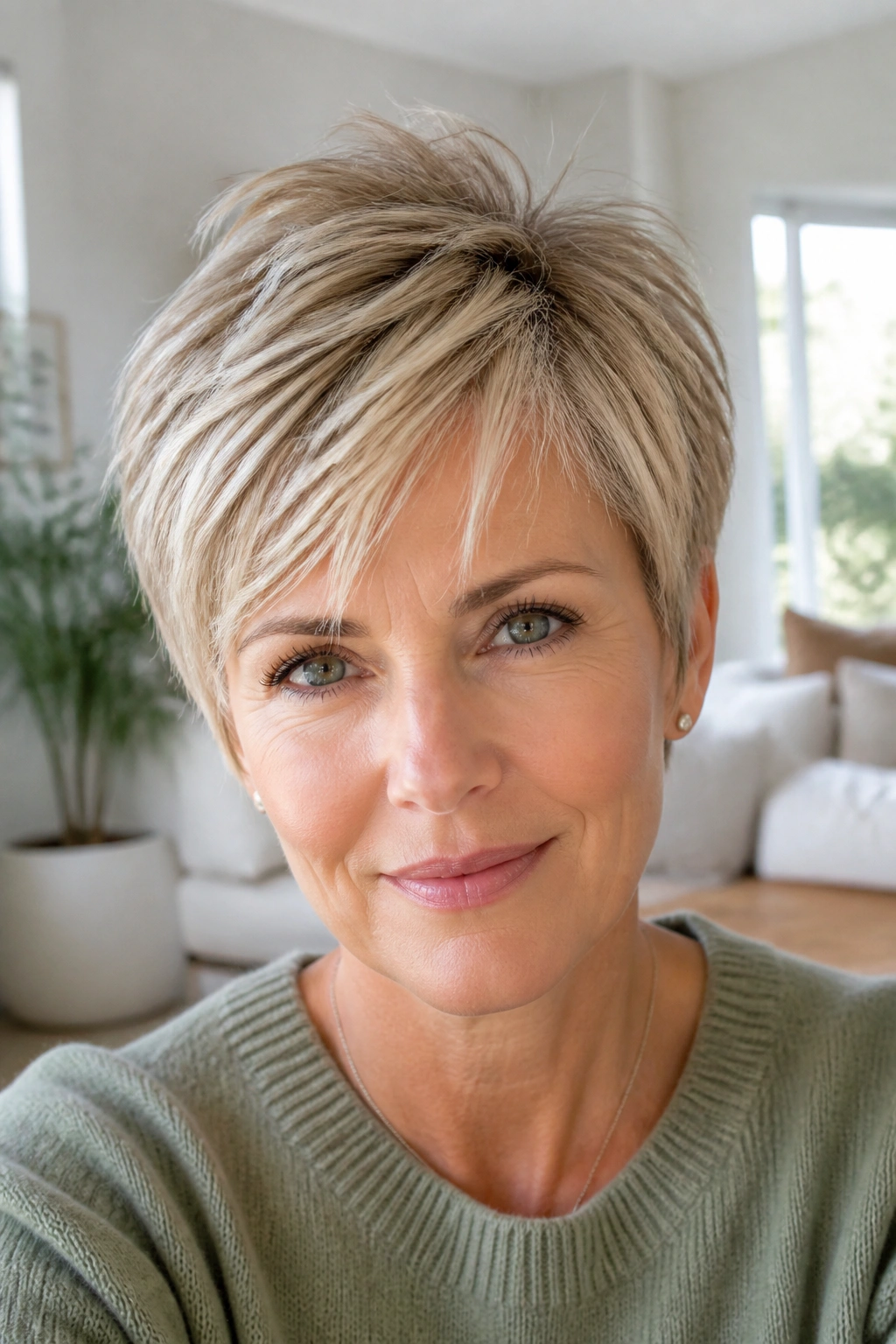 Close-up of a real woman with Feathered Ash Blonde Pixie, feathered ends and ash blonde tone