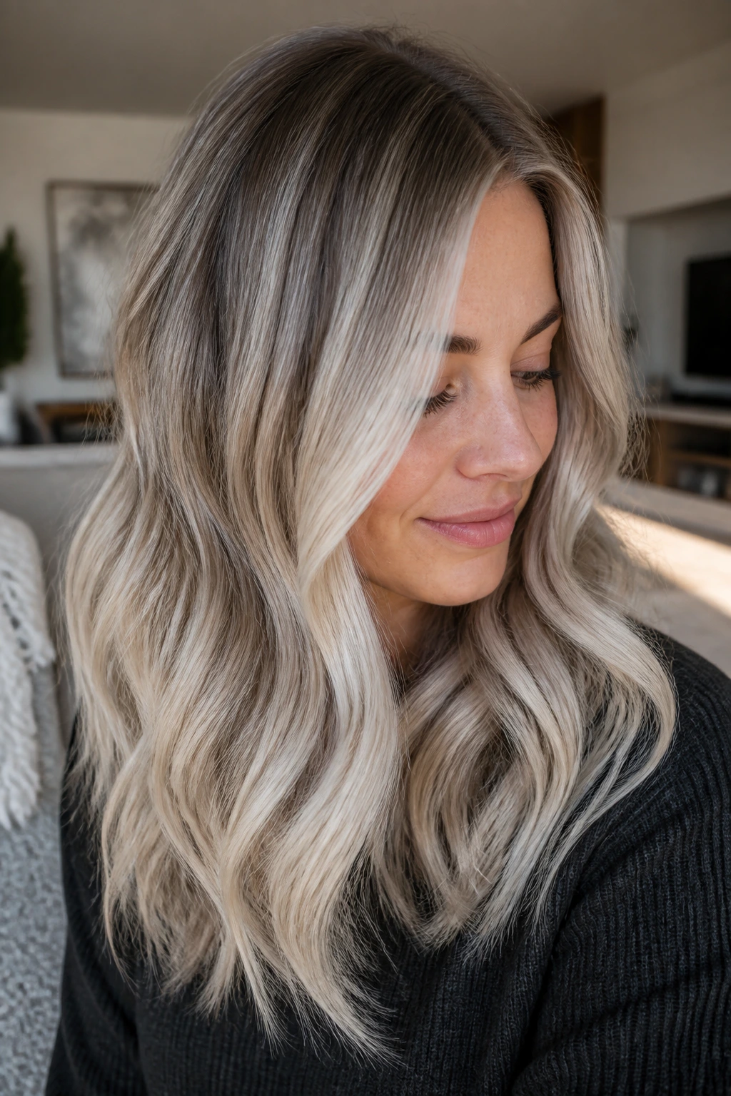 Close-up portrait of a real woman showcasing ash-platinum balayage on cool skin.