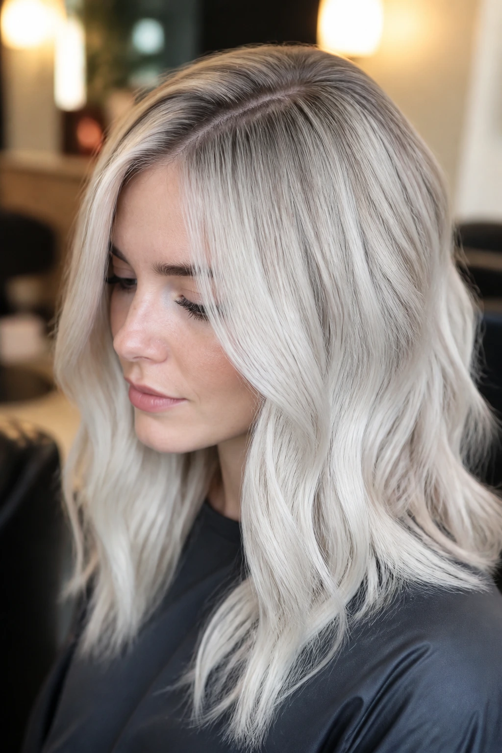 Close-up of a real woman with ash platinum hair and hidden root