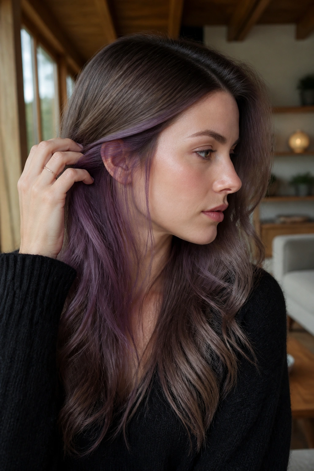 Close-up of a real woman with ash-purple peekaboo underlayer beneath ash-brown hair.