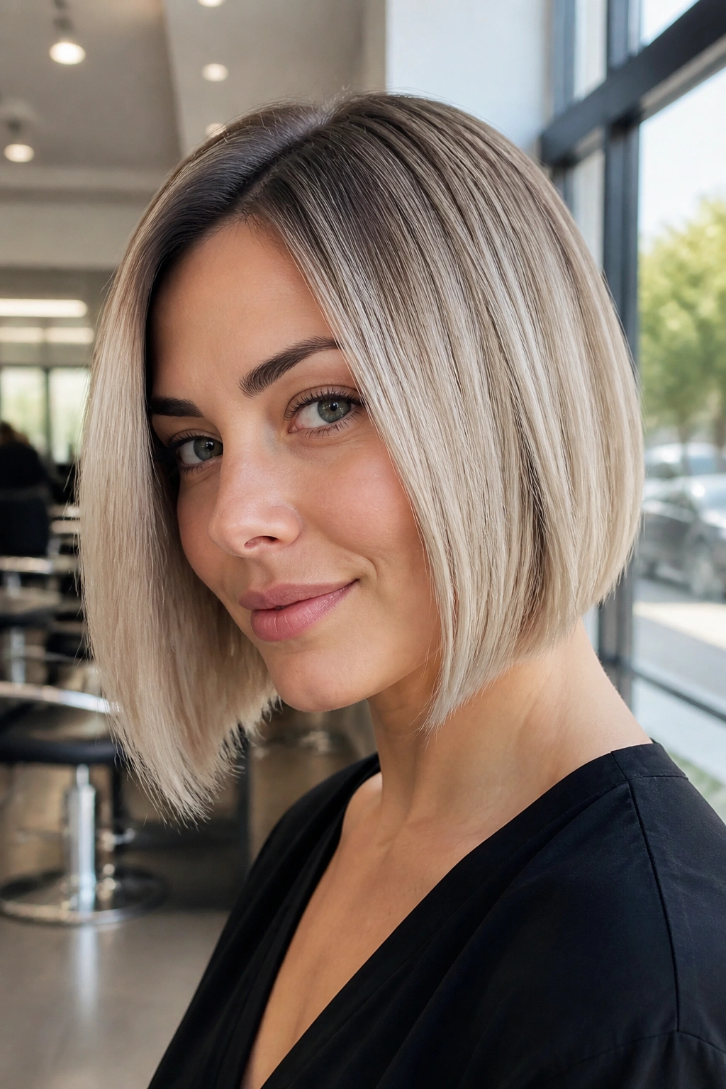 Real woman with ash-root champagne bob hairstyle