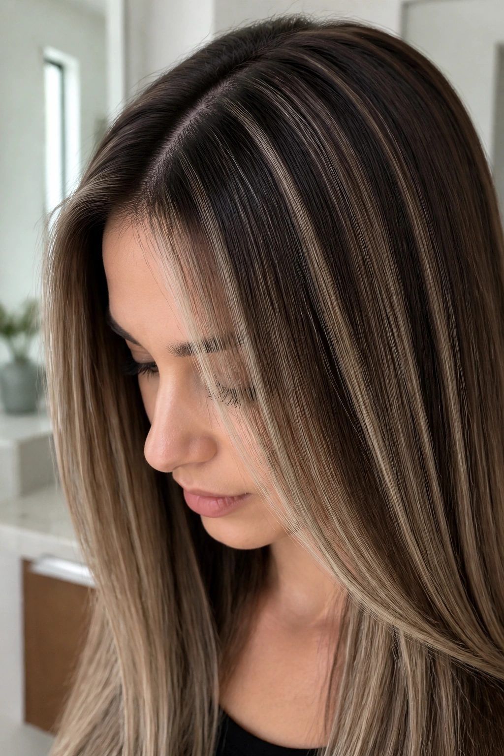 Portrait showing rooted ash foil highlights on straight brown hair with a soft root shadow.