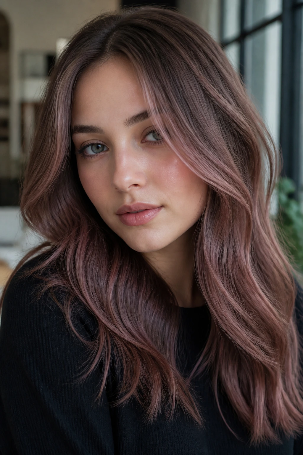 Close-up portrait of a real woman with ash rose brunette hair