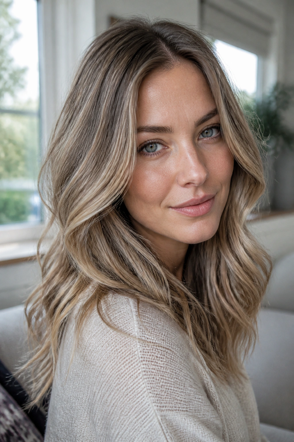 Close-up portrait of a real woman with ash-sand balayage in cool-toned hair
