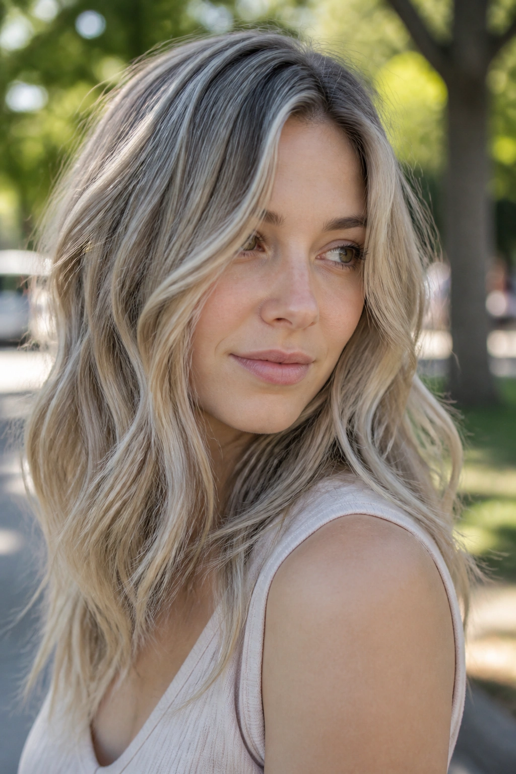 Portrait of a real woman with dimensional ash sand waves and cool skin tone.