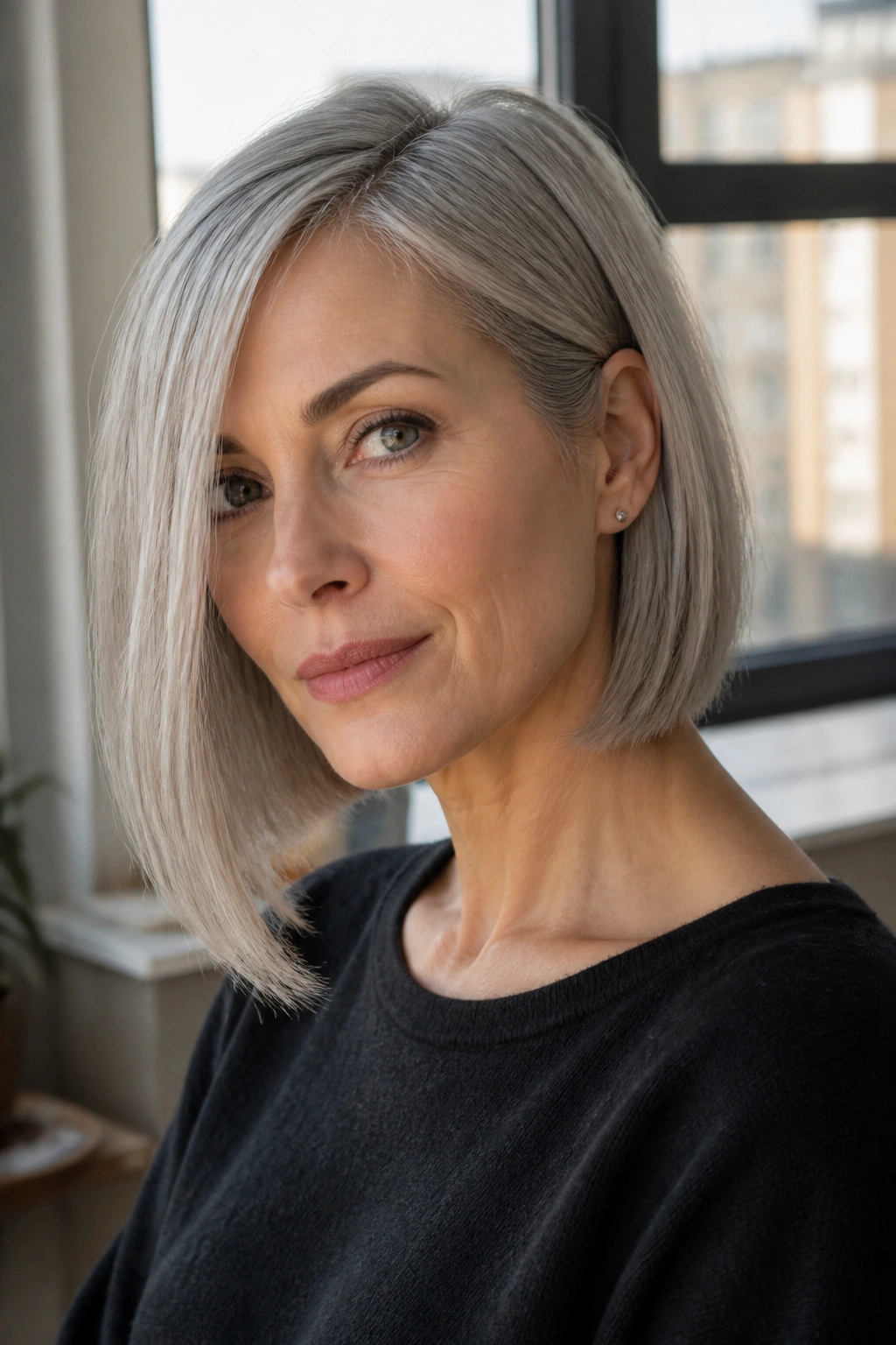 Close-up portrait of a real woman with ash silver asymmetrical bob under natural daylight