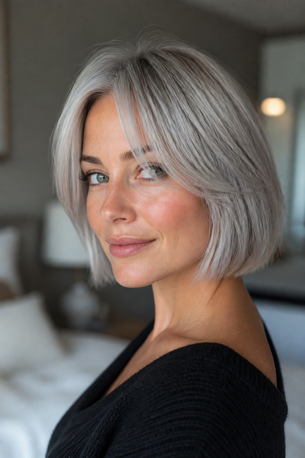 Close-up portrait of a real woman with an ash silver bob and curtain bangs in soft window light