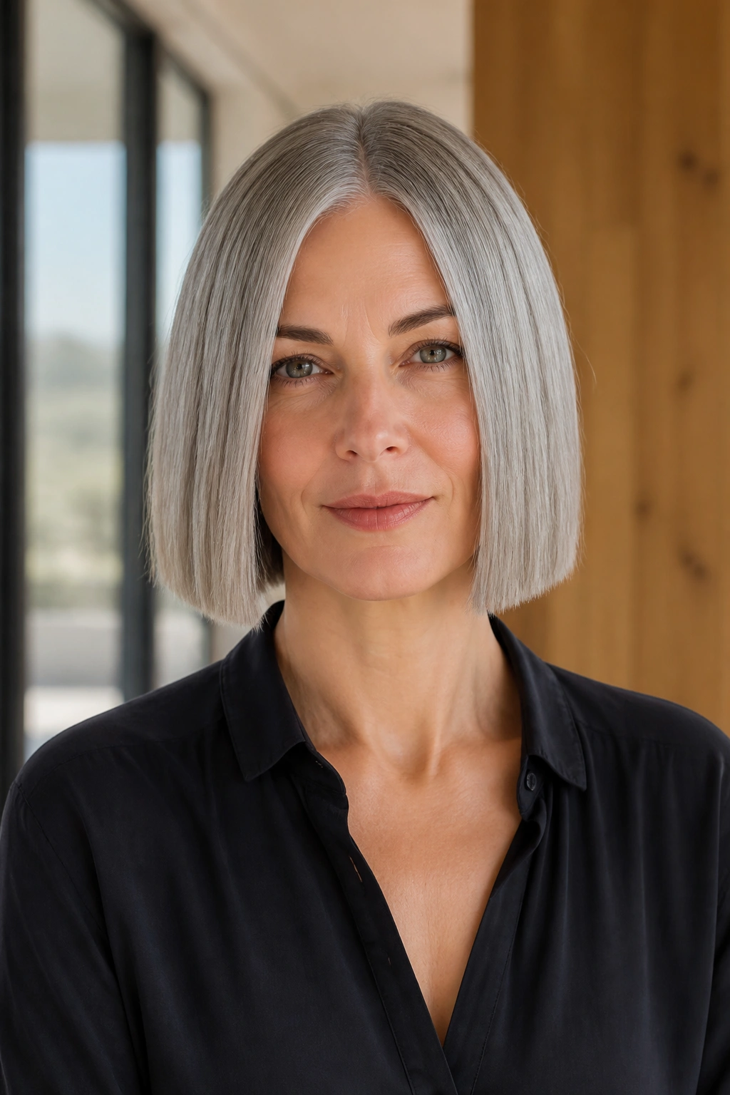 Real woman with ash silver one-length box bob front view.