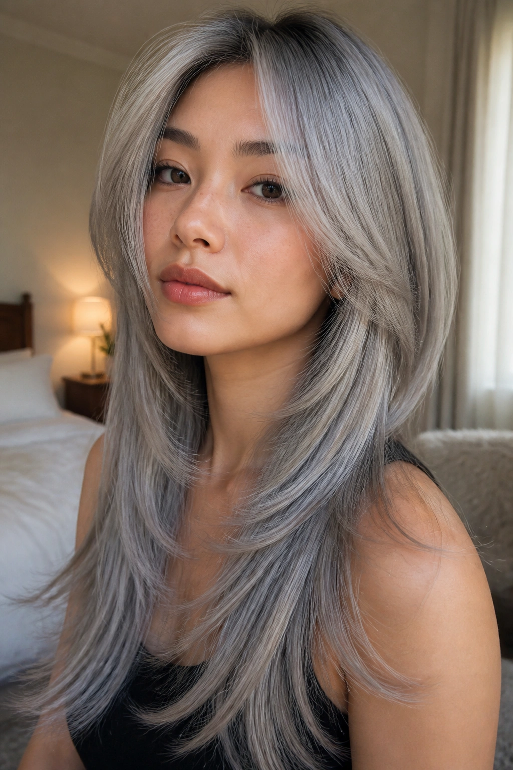 Close-up of a real woman with ash silver butterfly cut and face-framing layers