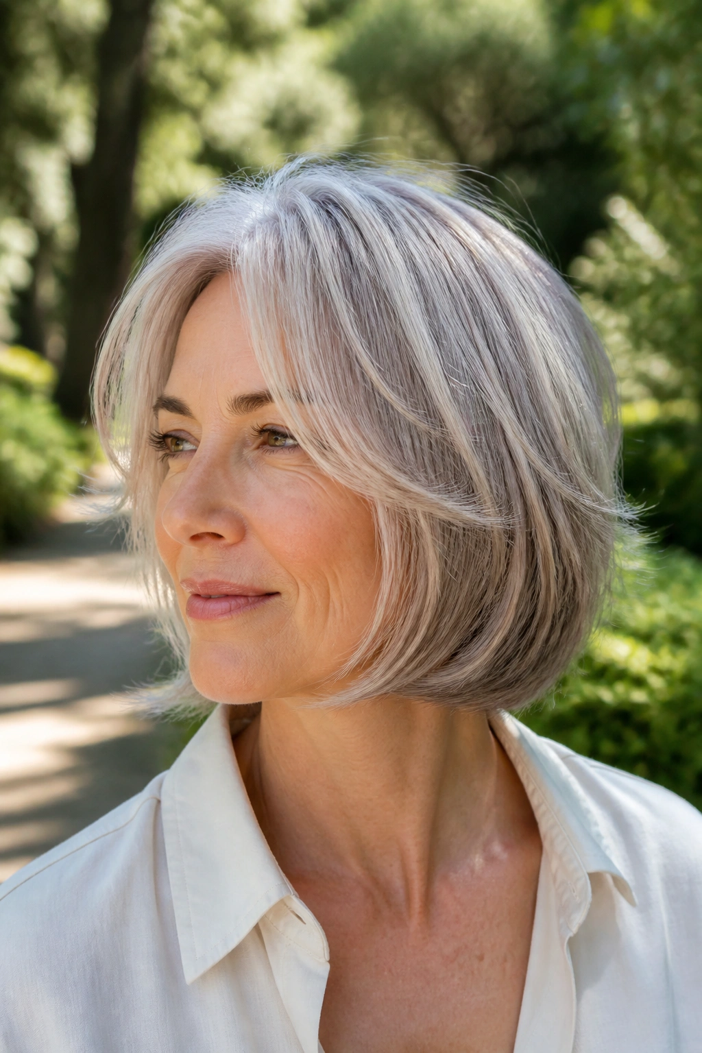 Real woman with ash silver feathered bob and soft ends in natural light.