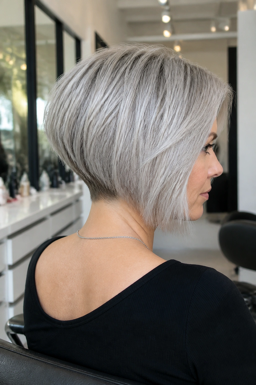 Real woman with inverted bob and tight nape in ash silver, shown from three-quarter back angle.