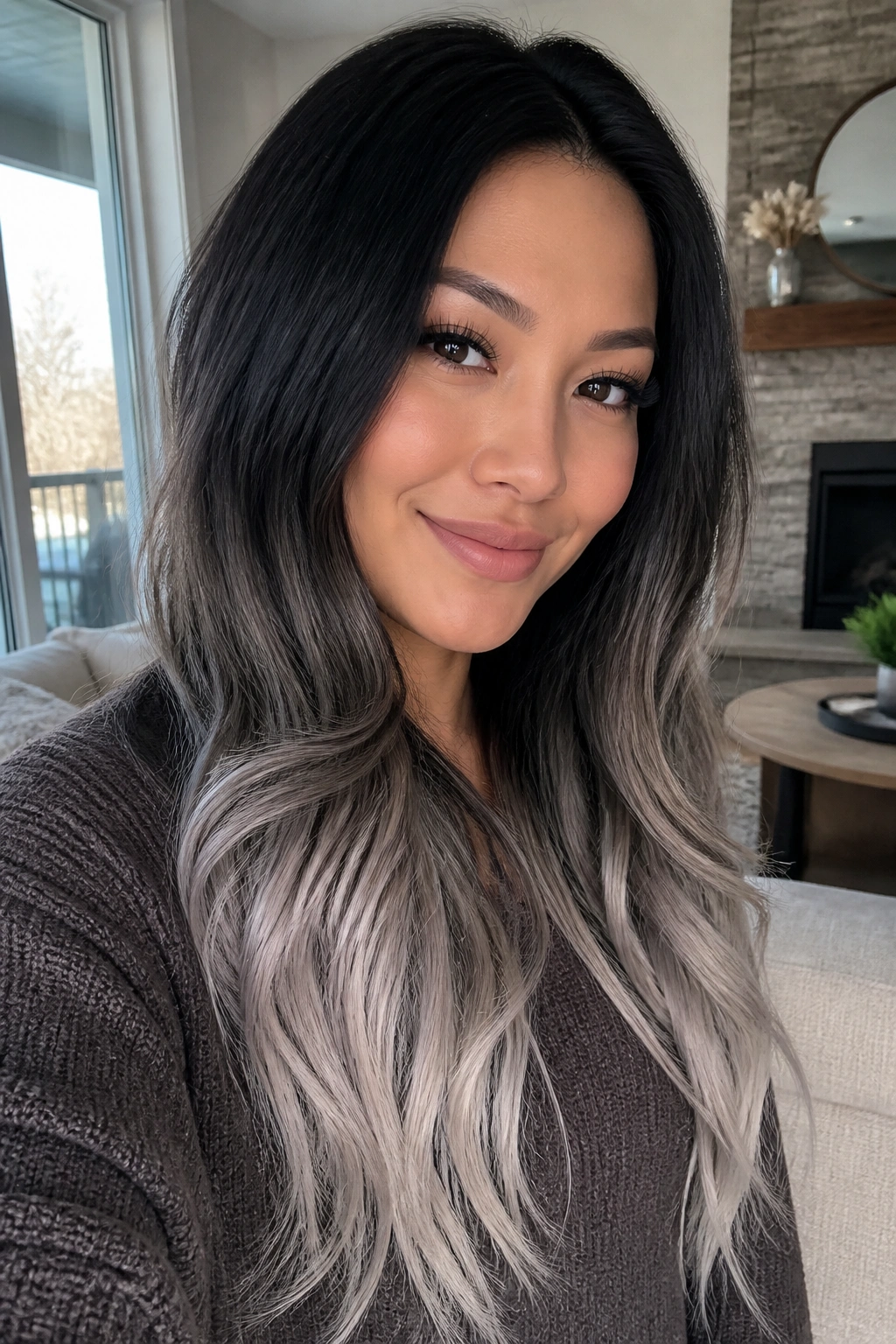 Real woman with mushroom ash silver gradient hair close-up