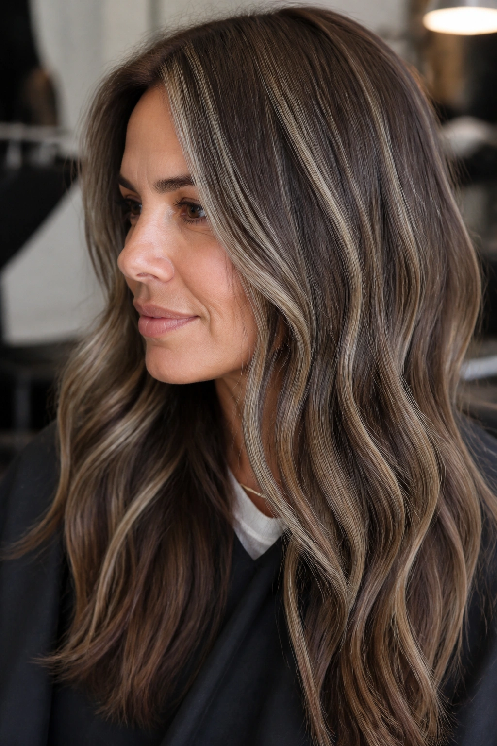 Narrow ash silver ribbons woven through warm brown hair