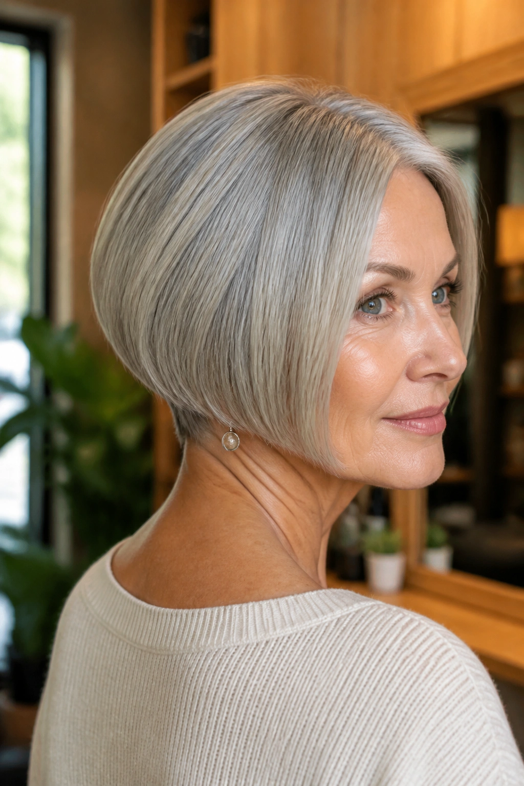 Close-up portrait of a real woman with rounded nape tucked bob in ash silver.