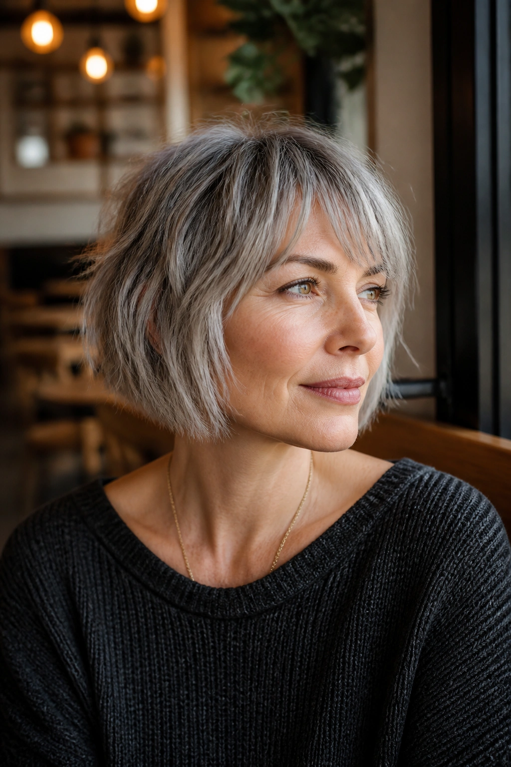 Real woman with ash silver shaggy bob showing light texture.