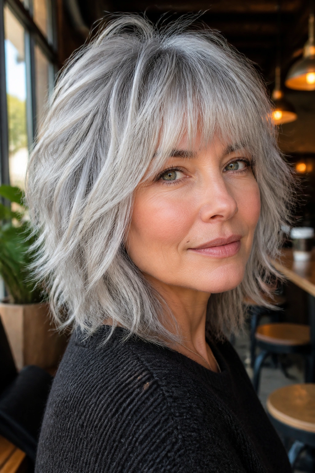 Real woman with ash silver shag and airy fringe