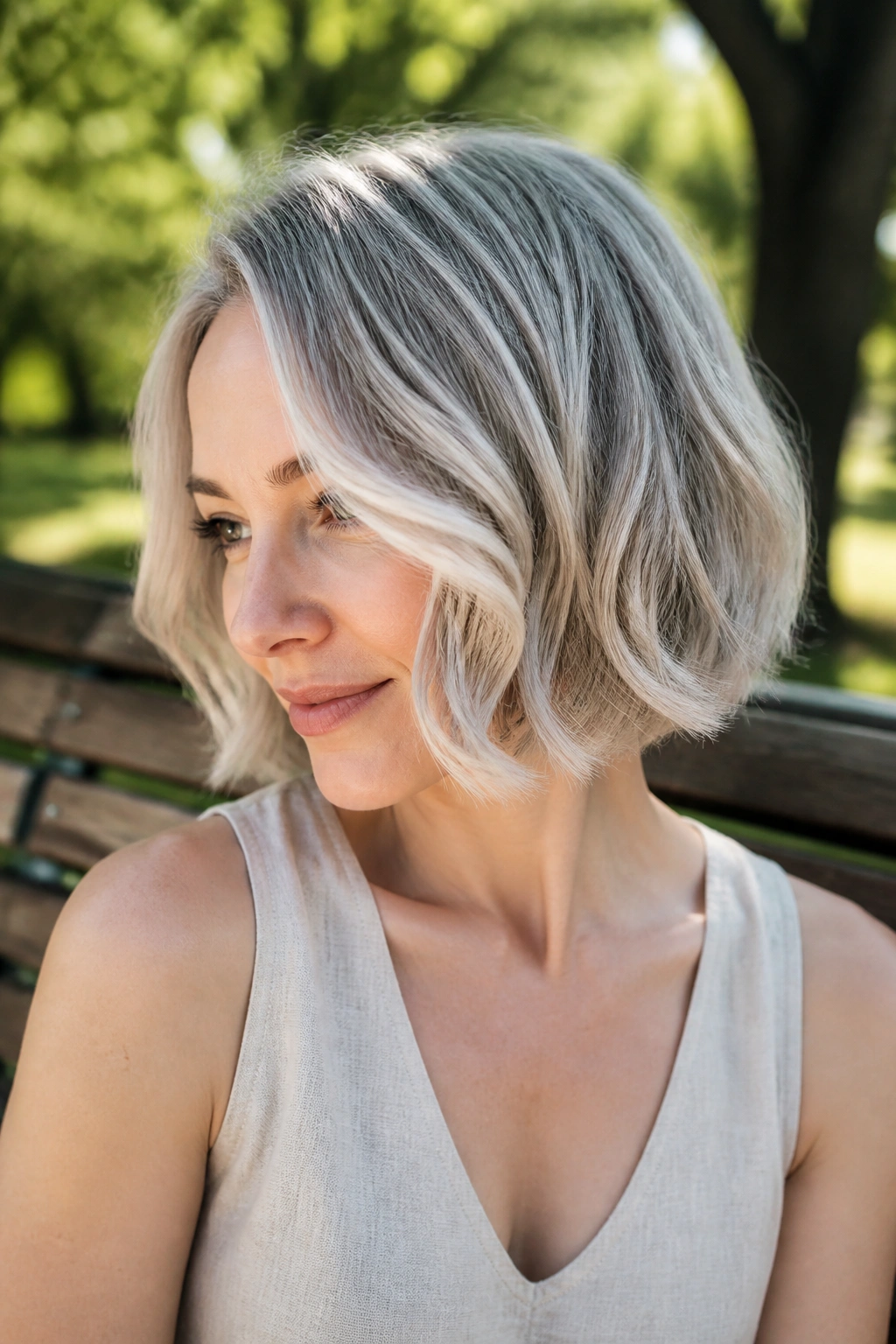 Real woman with ash silver wavy bob and soft bend in natural light.