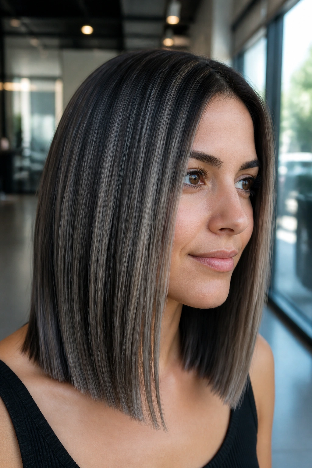 Close-up of a real person's head showing ash slice highlights on a sleek lob