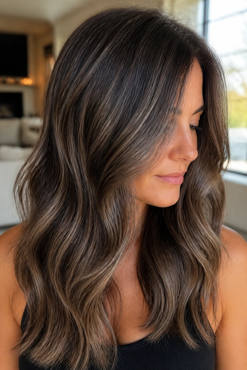 Close-up of brunette with ash smoke lowlights and highlights in natural light.