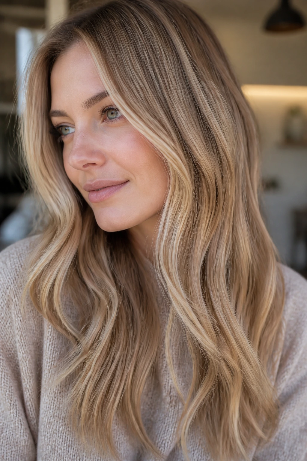 Ash-soft honey blonde with lowlights on a real person