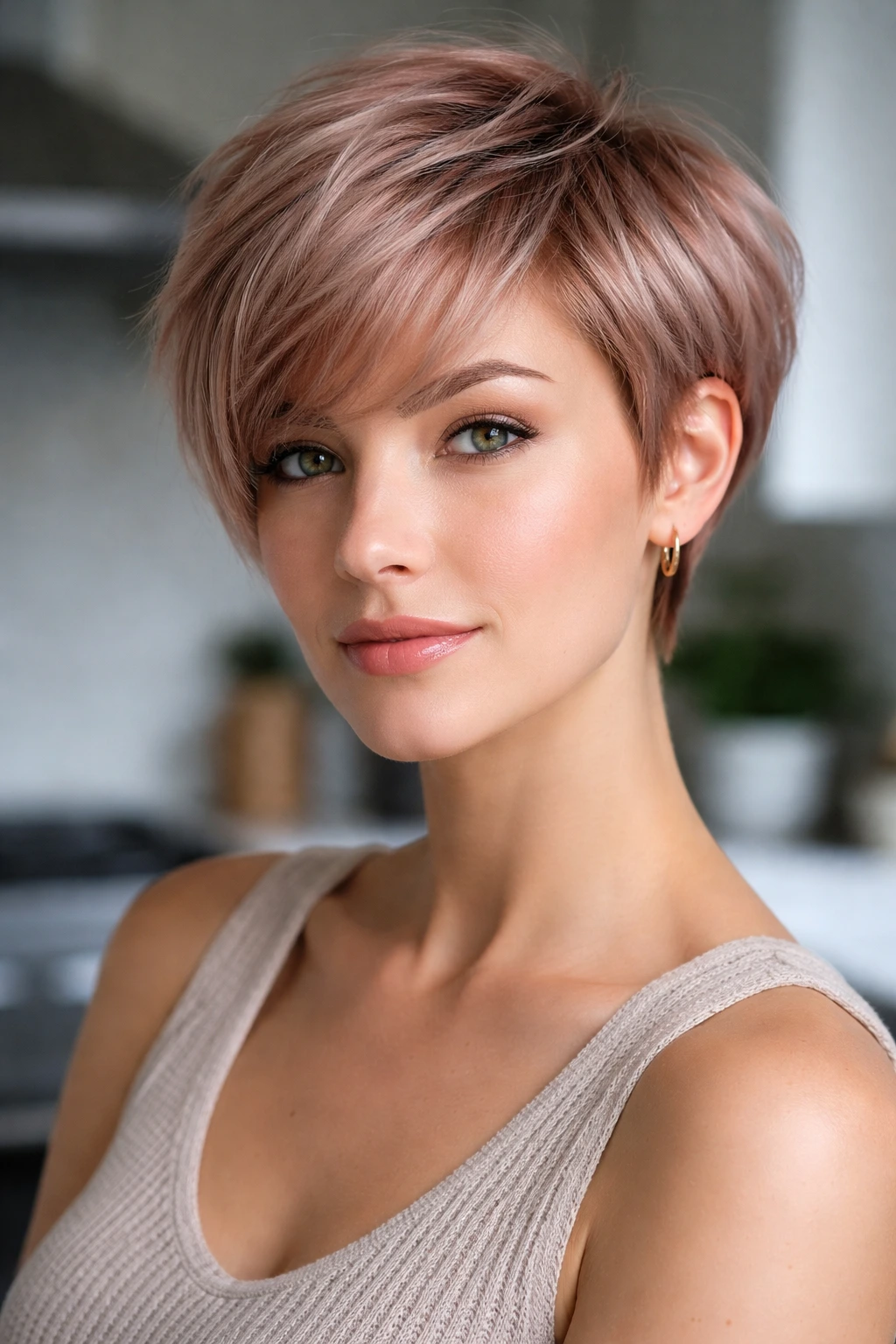 Close-up of woman with ash-toned strawberry crop hairstyle in cool daylight