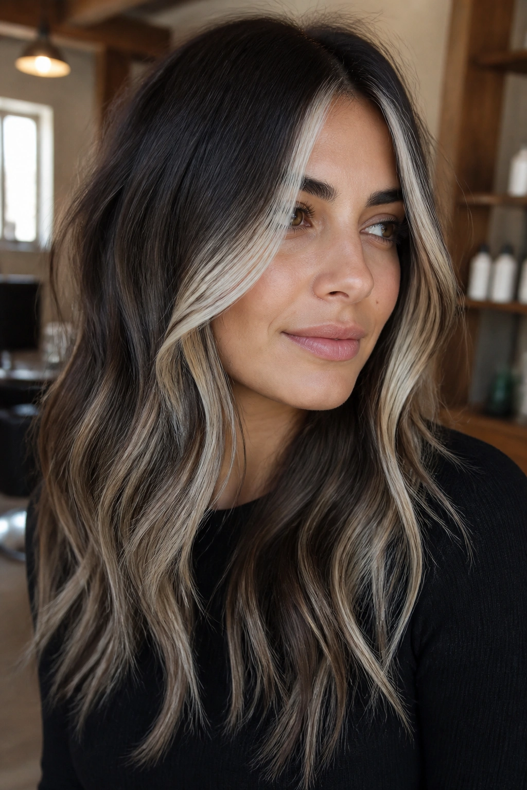 Close-up portrait of a real woman with high-contrast ash streaks on brown hair