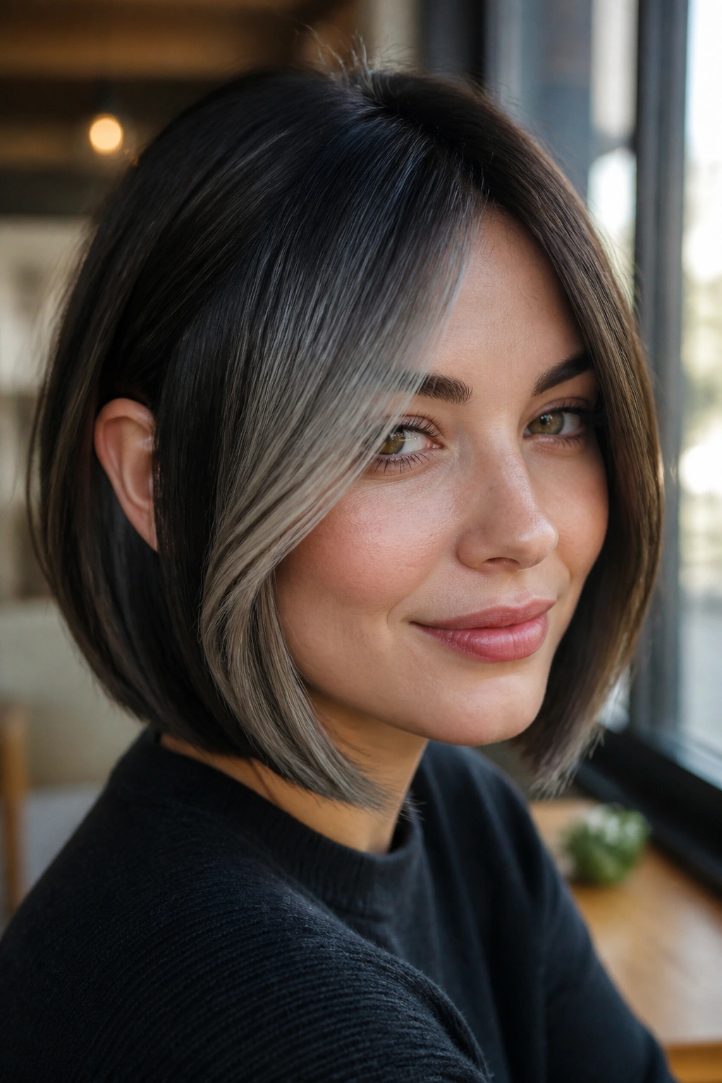 Real woman with brunette bob and ash grey sweep across front