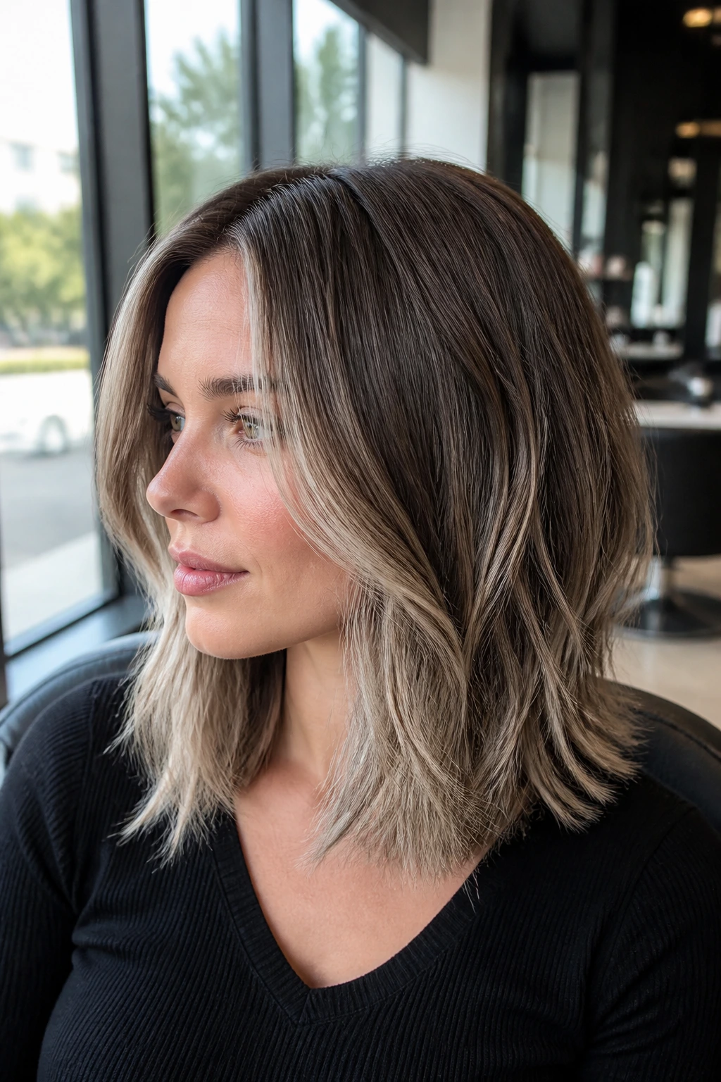 Close-up portrait of a woman with ash taupe tapered balayage around the face