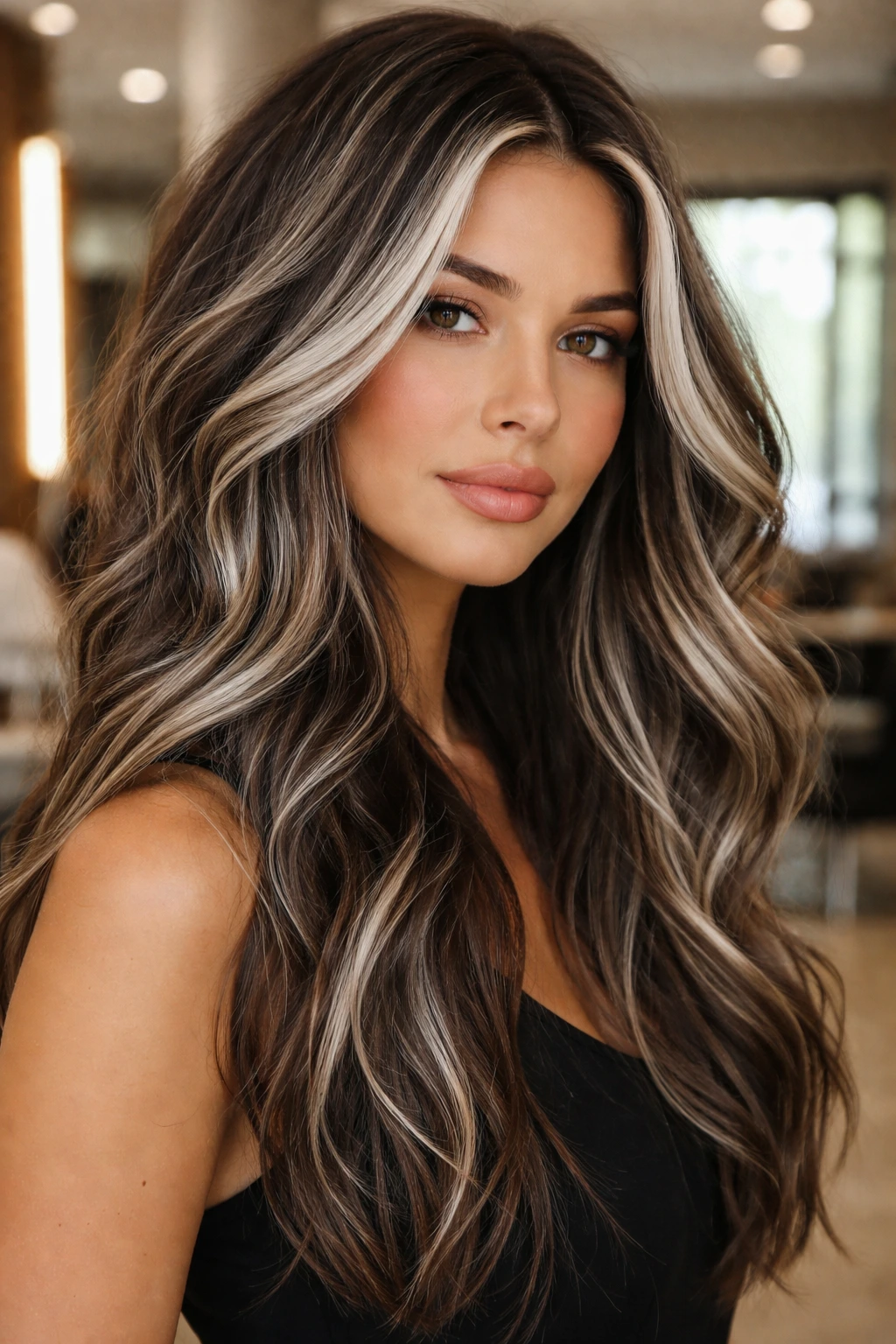 Portrait of a woman with ash-white teasy-lights and teased roots.