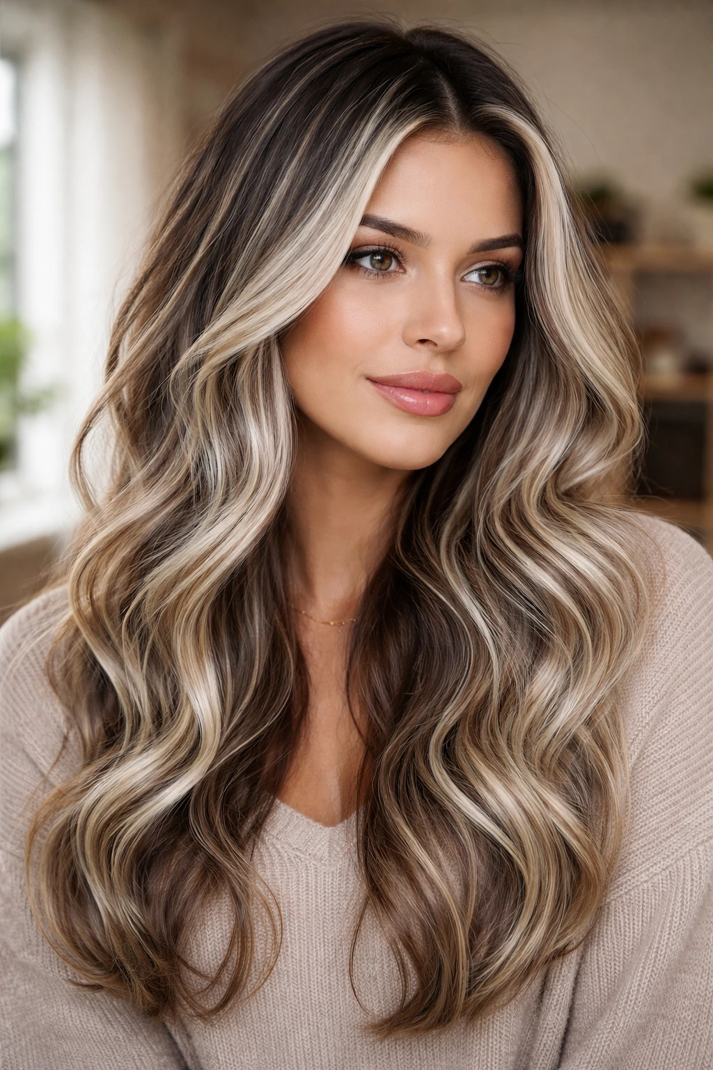 Real woman with dimensional ash-white teasylights blending into brunette hair.
