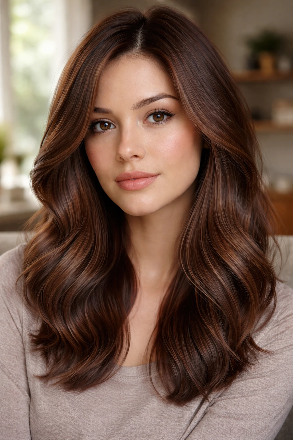 Close-up portrait of a real woman with ash-toned auburn hair under natural window light