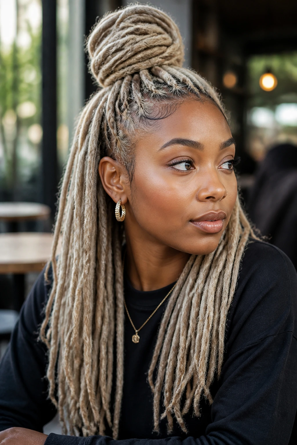 Close-up portrait of a woman with ash-toned blonde locs in a half-up style at a cafe