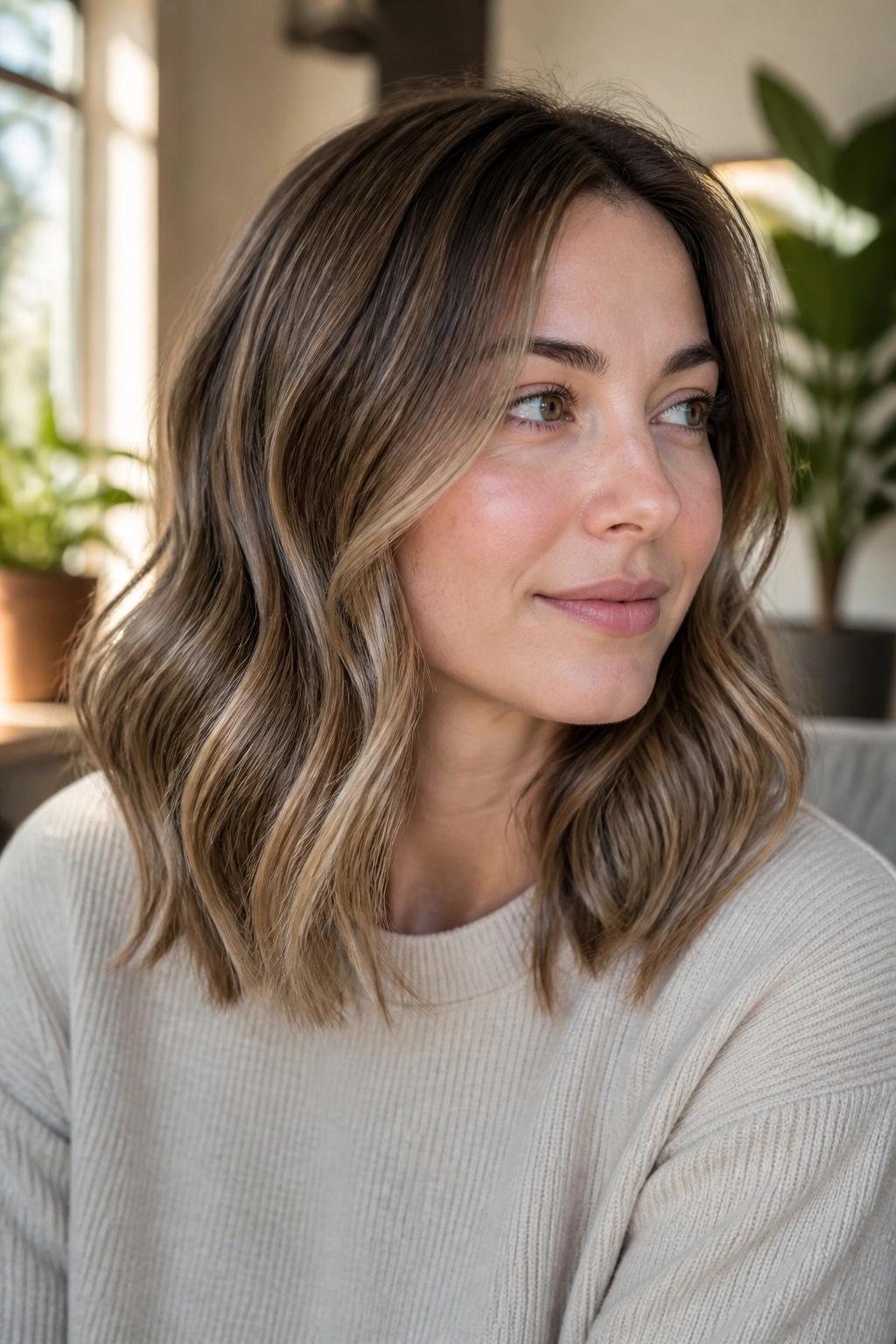 Close-up portrait of a woman with ash-toned hazelnut balayage on mid-length wavy hair.