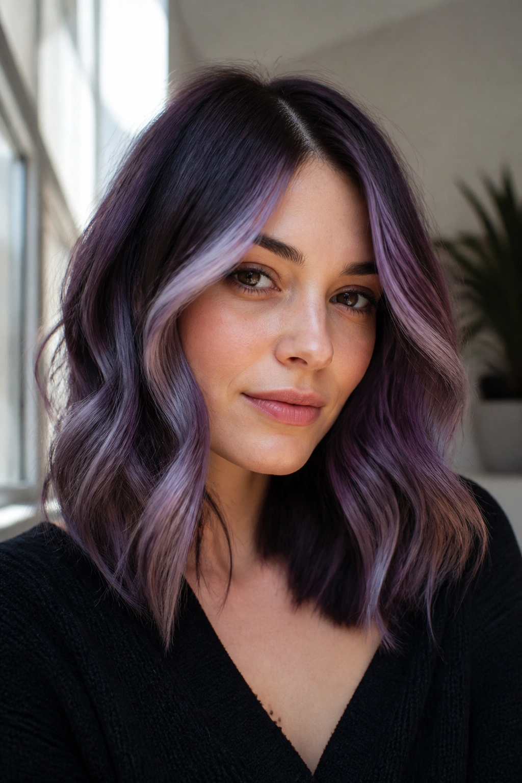 Close-up portrait of a real woman with ash violet balayage