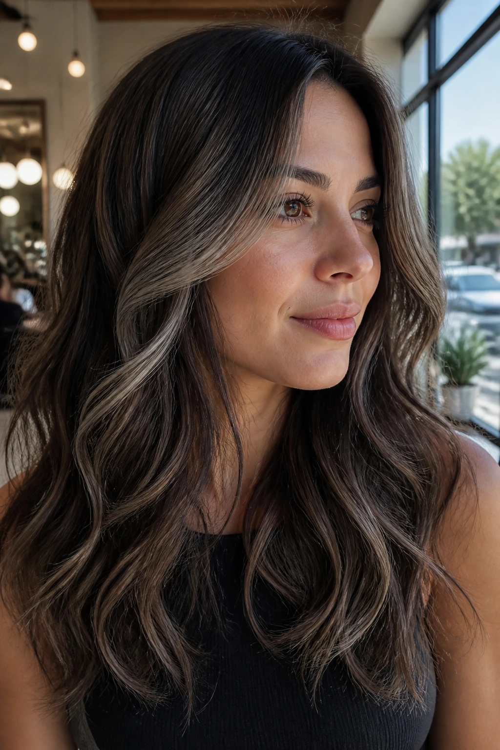 Close-up portrait of a woman with ash walnut balayage hair