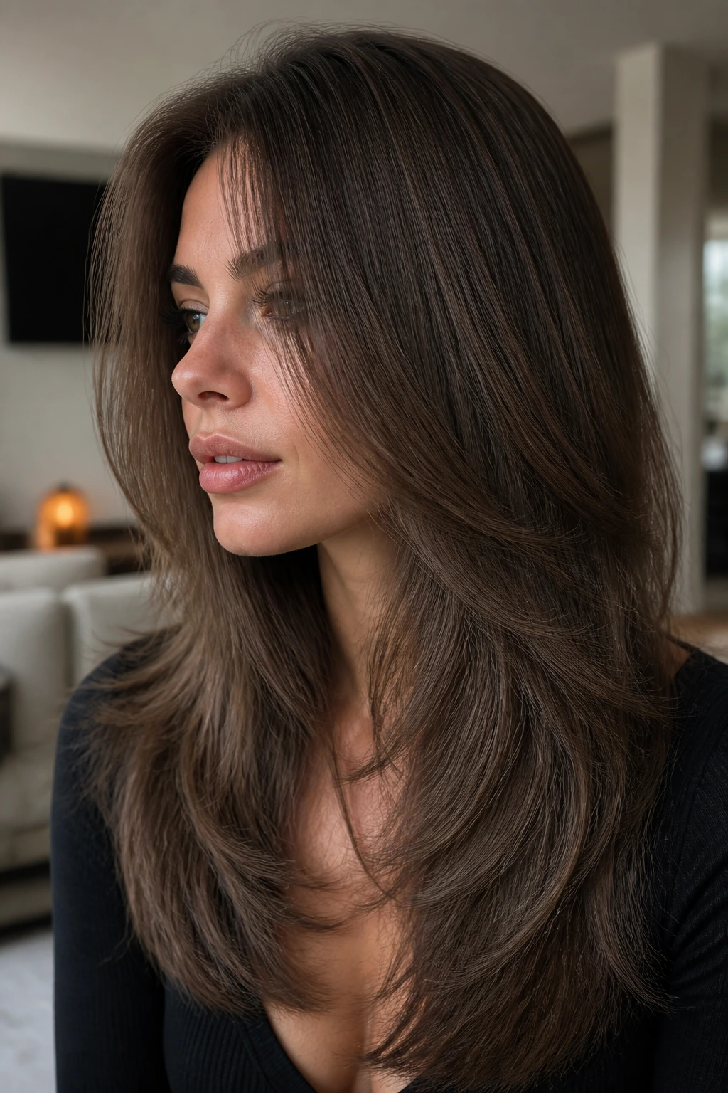 Close-up of ash walnut brown hair with cool tones on a real person