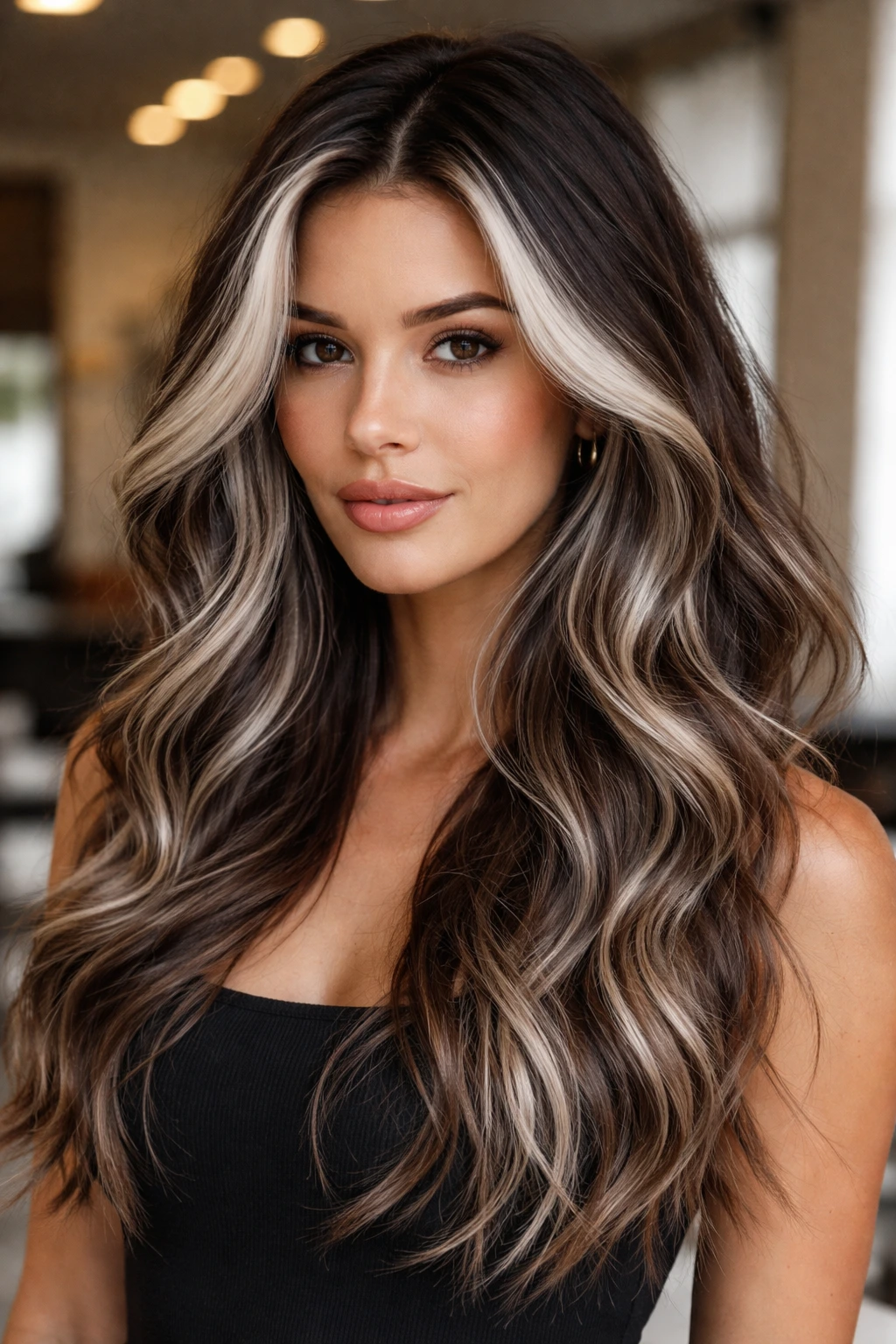 Close-up of a real woman with ash-white highlights and dark shadow root on brown hair