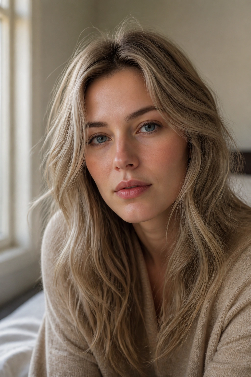 Close-up portrait of a real person in a contemplative moment with ashier sandy blonde hair under soft daylight
