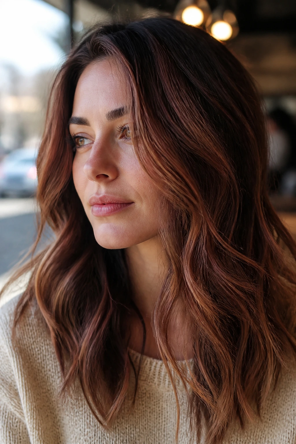 Close-up of real person with ashy auburn balayage hair in cafe window light