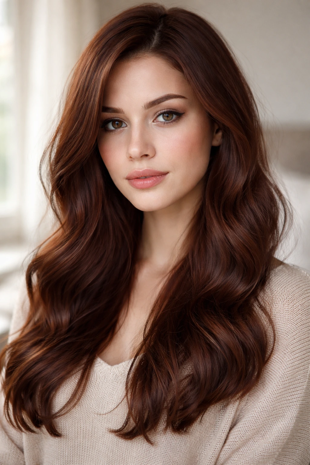 Close-up portrait of ashy auburn hair on a real person in soft bedroom light.