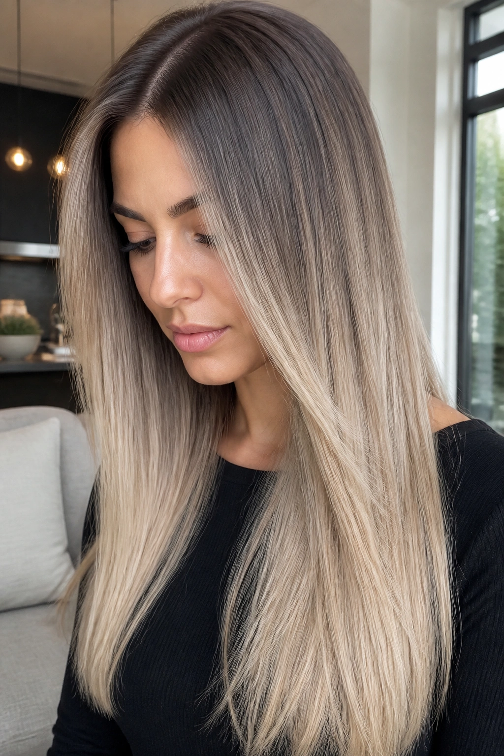 Portrait of woman with ashy beige root smudge on long hair in daylight