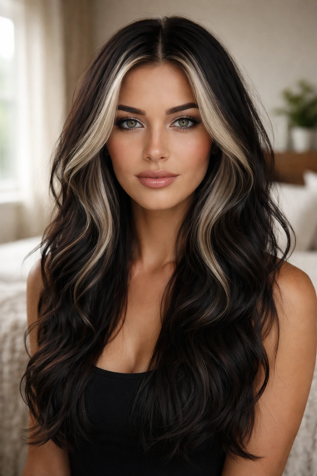 Close-up of a real woman with ash-blonde face-framing highlights