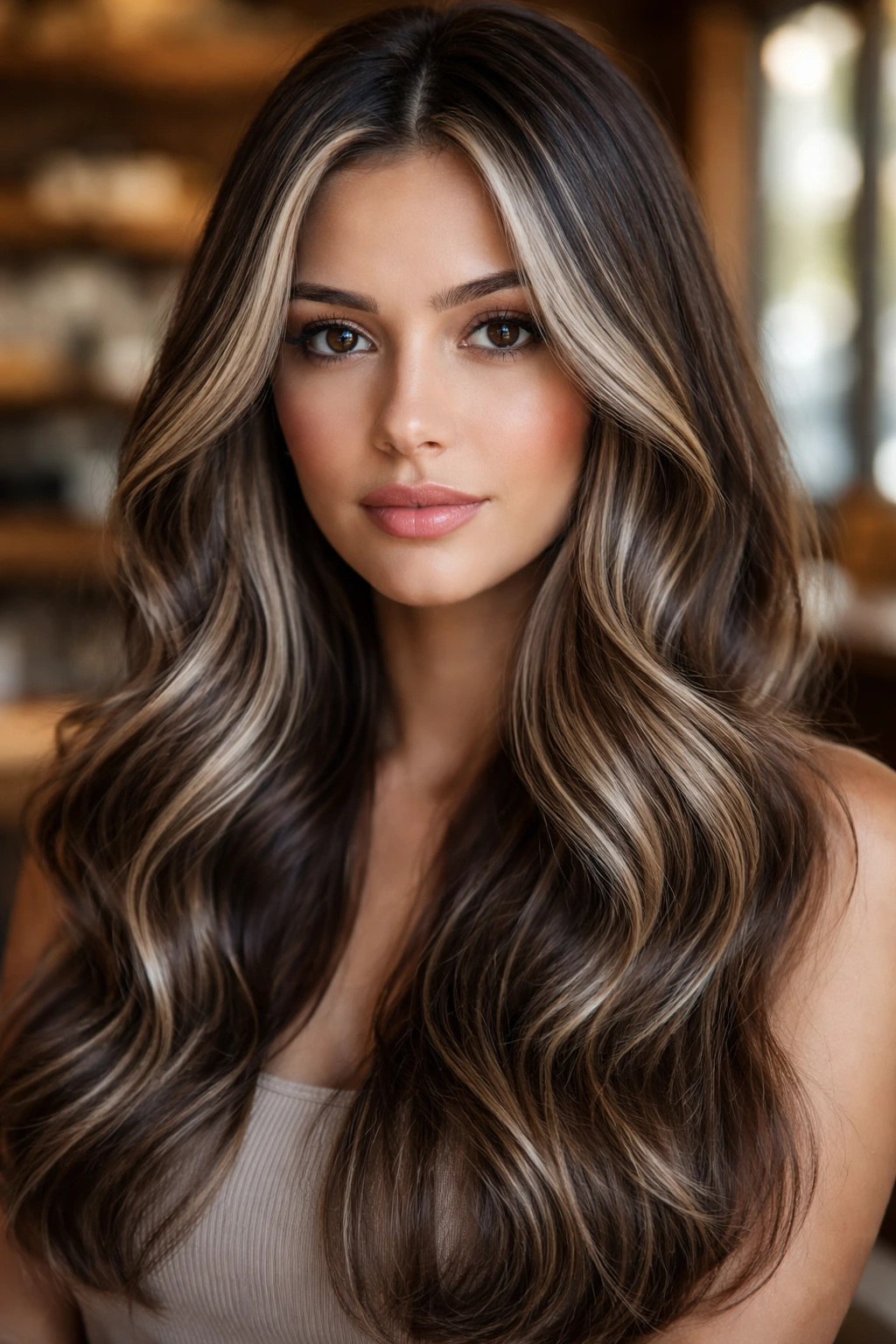 Close-up of a woman with ashy blonde ribbons woven through brown hair