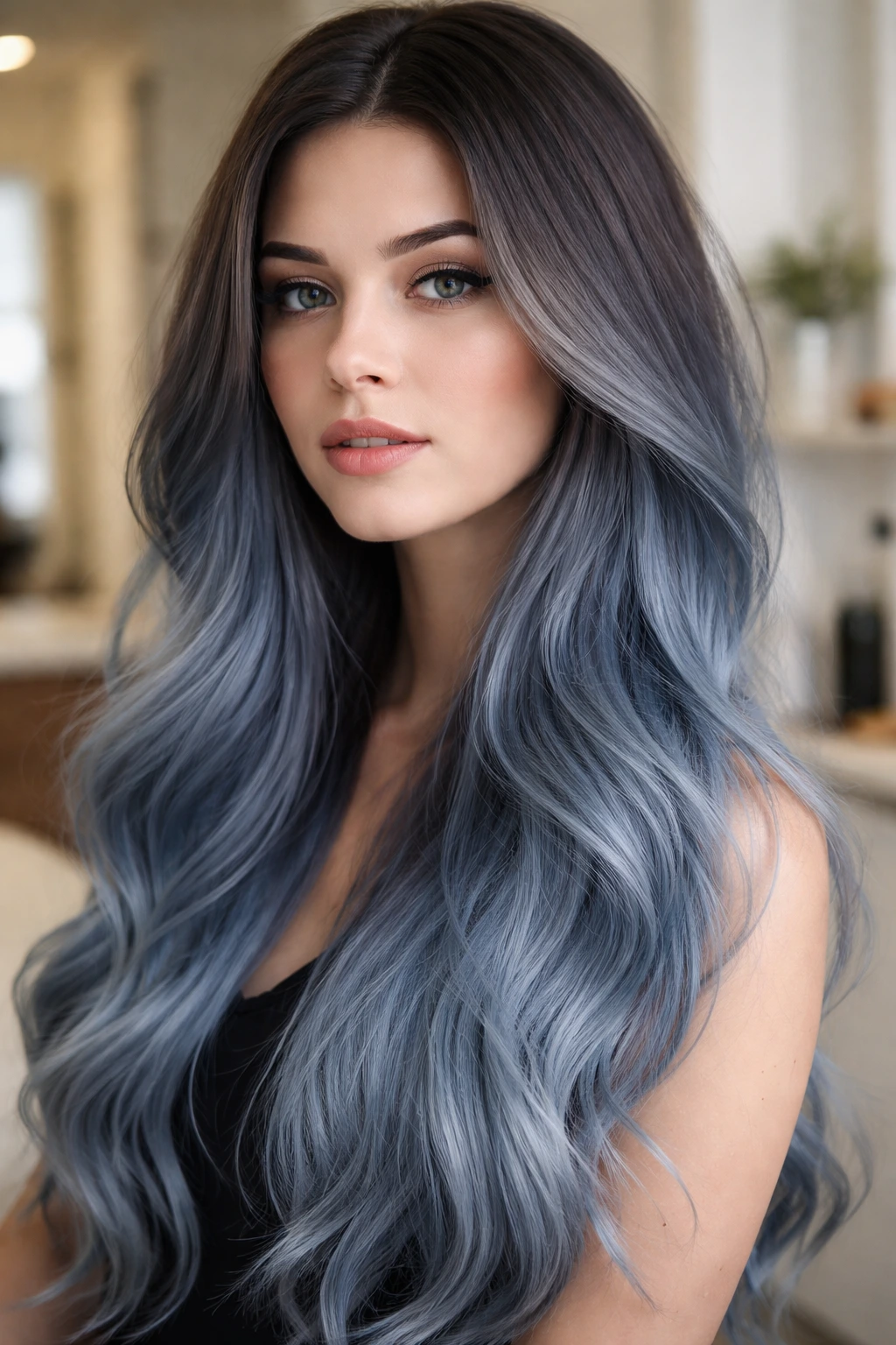 Close-up portrait of a real person with ashy blue ombre hair