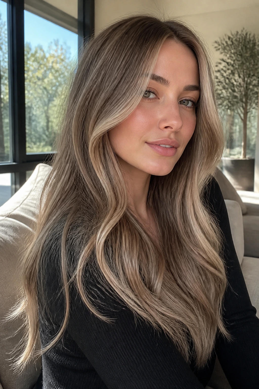 Close-up of a real woman with ashy bronde hair and cool champagne lifts in natural light.