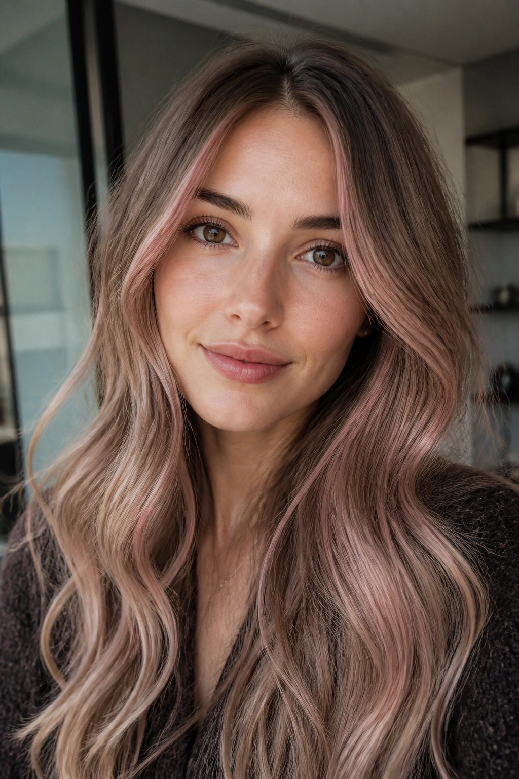 Close-up of ashy bronde hair with pink beige streaks.