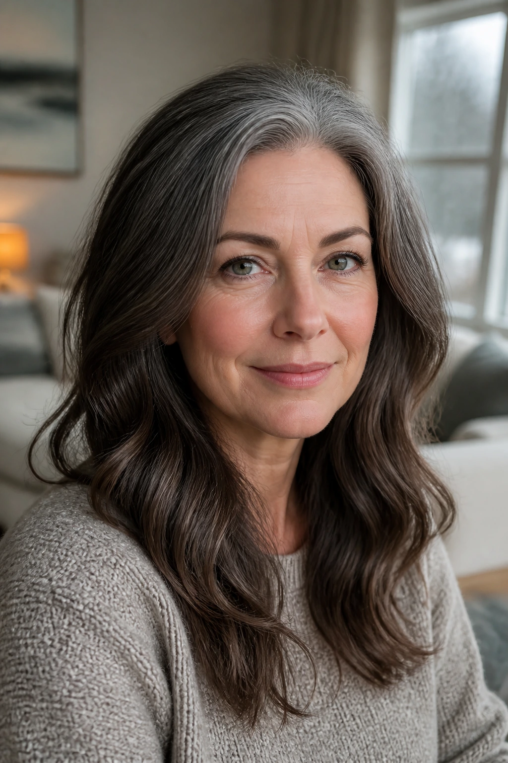 Close-up of a woman with a gray crown and ashy brunette hair