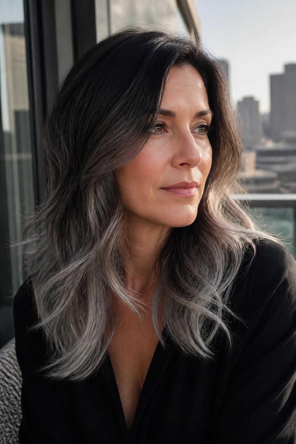 Real woman with ashy brunette base and silver ends in morning light