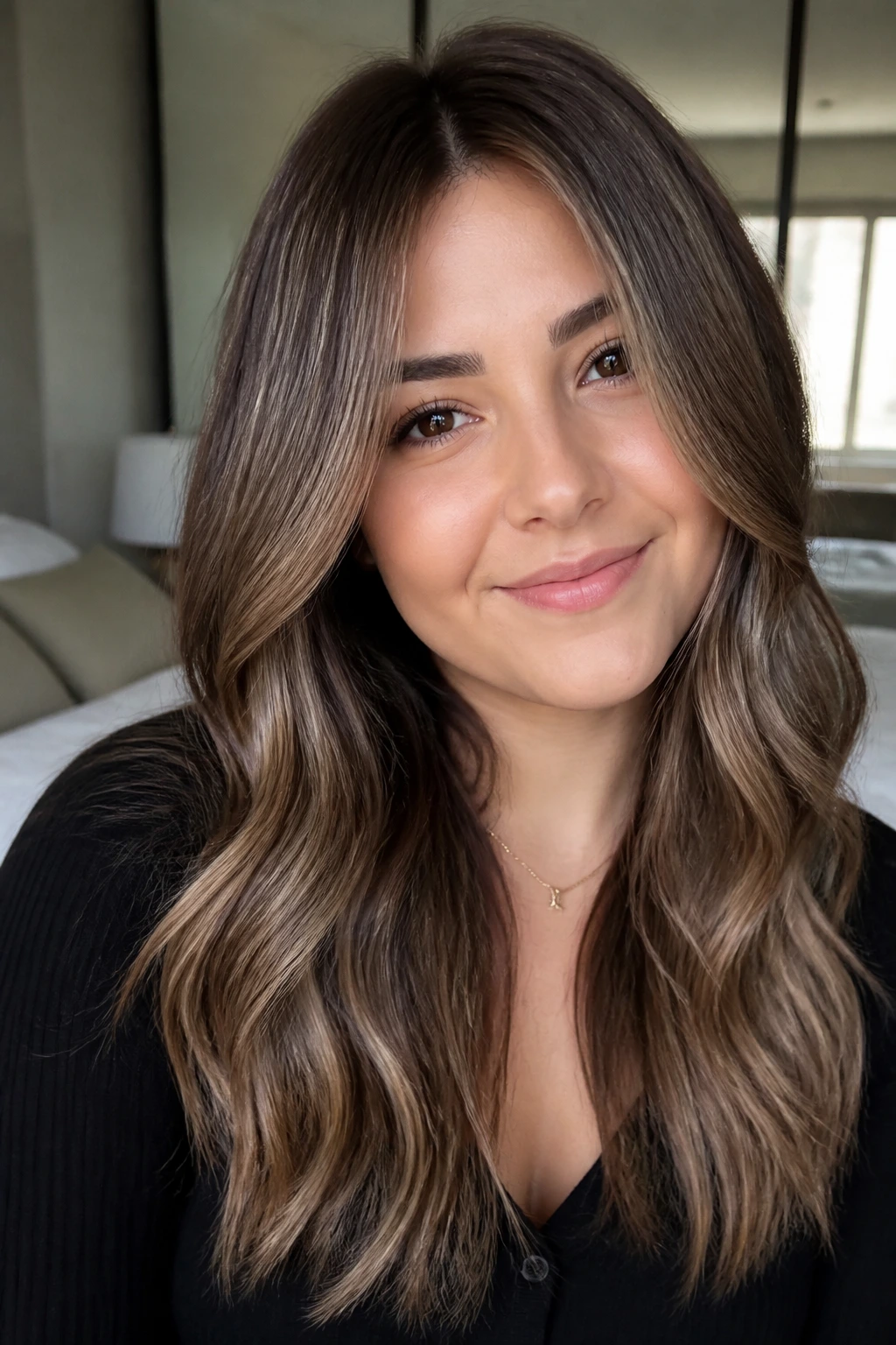 Portrait of brunette with ash caramel balayage and cool undertones